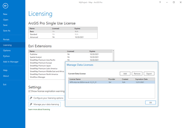 Manage Data Licenses pane showing the StreetMap Premium license file (*.sdlic)