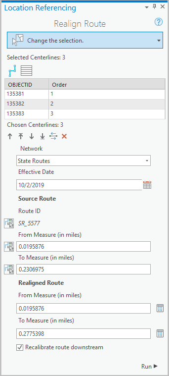 Realign Route pane