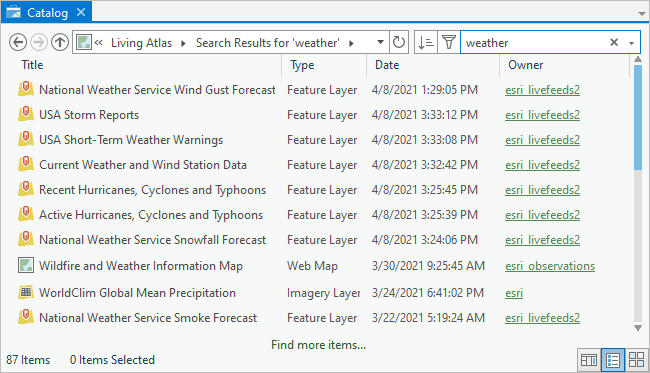 The catalog view shows item properties in columns and previews data.