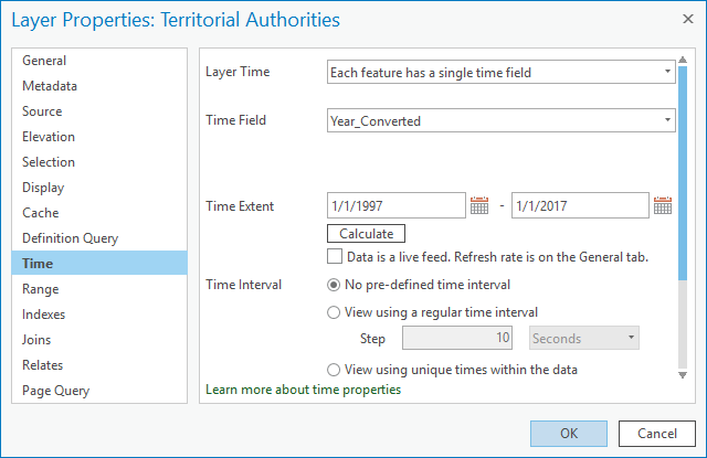 Layer Properties dialog box with time settings