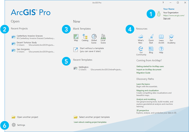 The ArcGIS Pro start page