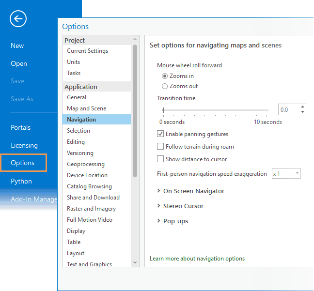 Options dialog box for navigation