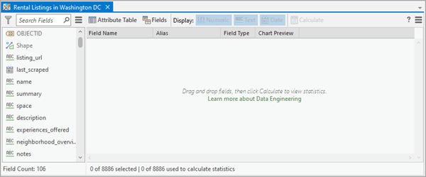 Data Engineering view with fields panel and empty statistics panel