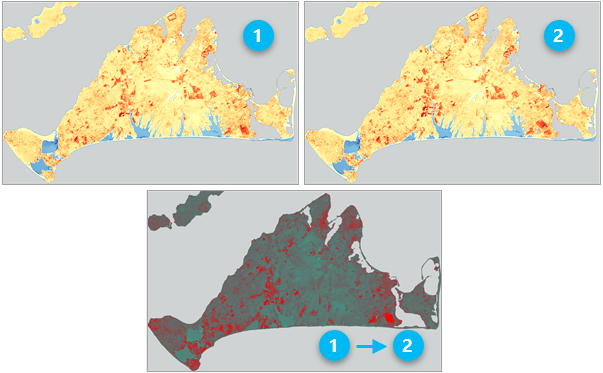 Pixel value change detection between two vegetation index rasters