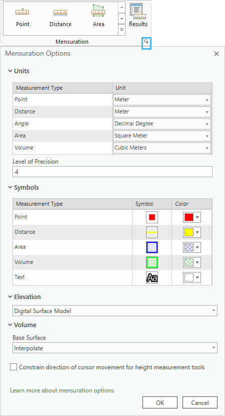 Define a DEM to refine measurements using the options button in the Mensuration group