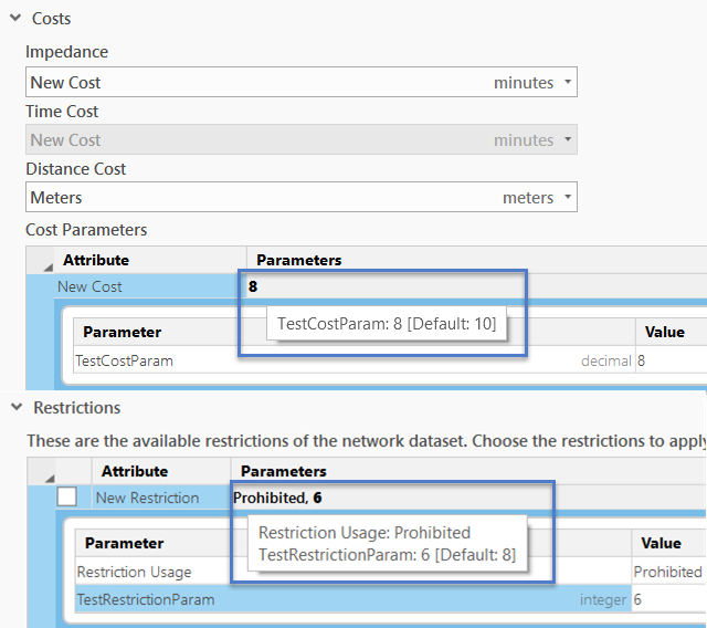 Edited parameter values for cost and restriction attributes