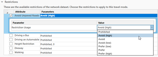 Changing the Value for the Avoid Unpaved Roads restriction from Avoid to Avoid High