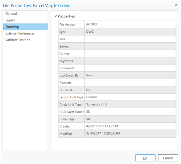 Drawing tab on the File Properties pane