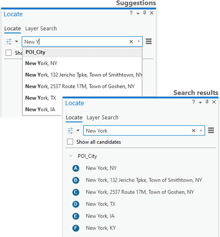 Multirole City and POI locator suggestion and search results using rank values