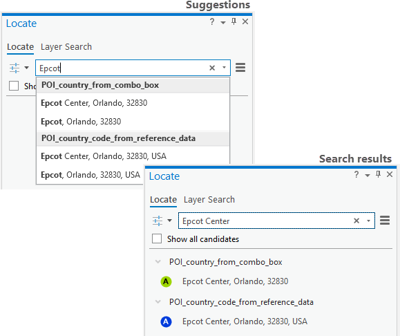 Results with and without the country code in the Locate pane