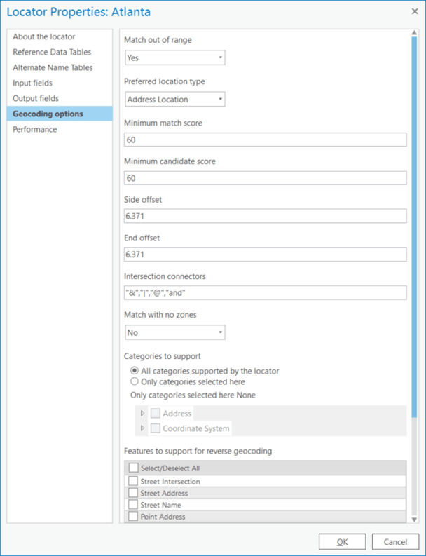 Geocoding options in the Locator Properties dialog