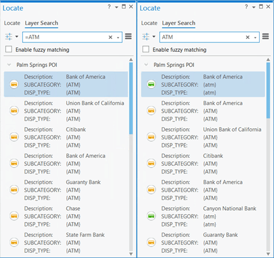 Comparison between using equals and not using equals in Enhanced layer search in the Locate pane