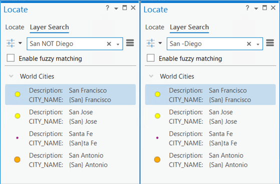 Enhanced layer search with the NOT operator or minus sign in the Locate pane