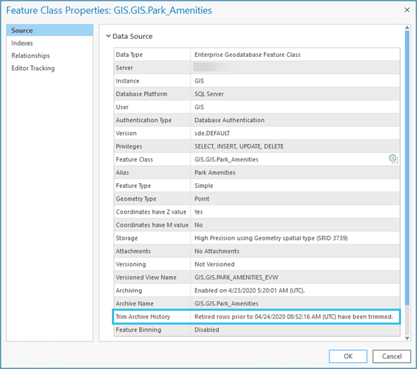 The feature class properties display when the Trim Archive History geoprocessing tool was last executed.