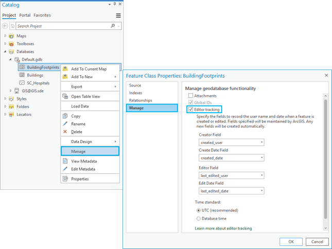 Editor tracking option under the Manage tab on the Feature Class Properties dialog box