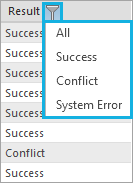 Filter the results in the replica log by result type.