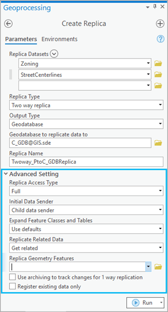 Advanced Setting in the Create Replica tool.