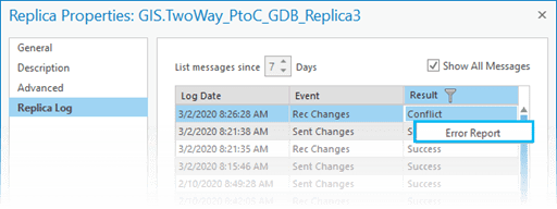 To view the Error Report for conflicts that occurred during replica synchronization, use the Replica Log tab on the Replica Properties dialog box.