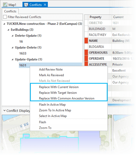 Conflict context menu for branch version