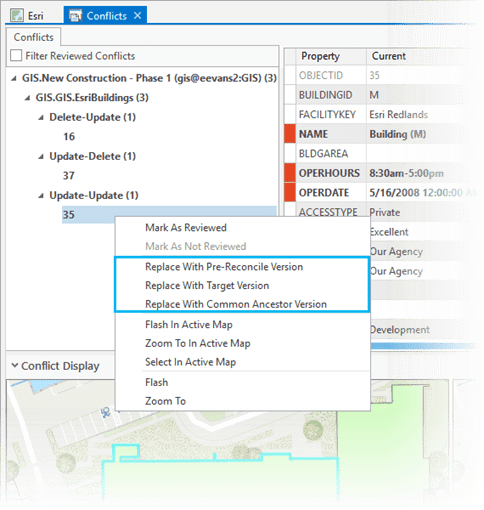 Conflict context menu for traditional version