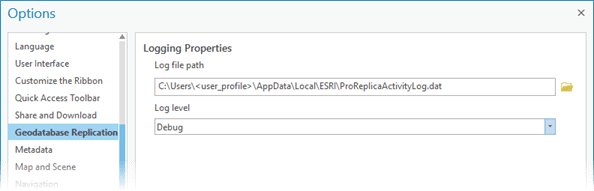 Geodatabase Replication tab accessed from the Options dialog box