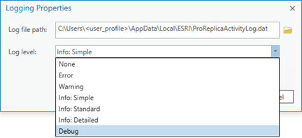 Log level options on the Logging Properties dialog box