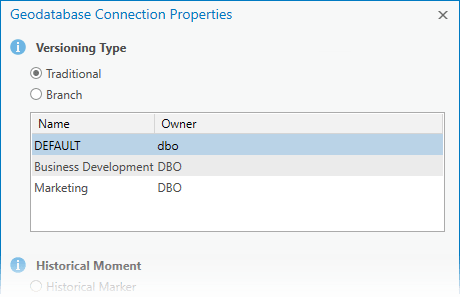 Geodatabase Connection Properties for Traditional Versioning Type