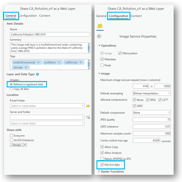 Recommended settings in Share As Web Layer pane for image services to be updated