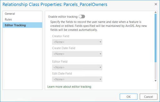 The Editor Tracking tab is accessible from the Relationship Class Properties dialog box