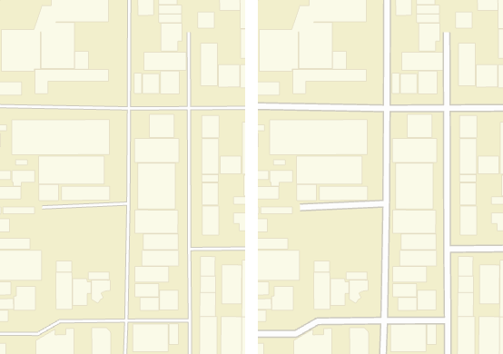 A comparison of buildings and streets at 1:4,000 with sizing variation applied on the right