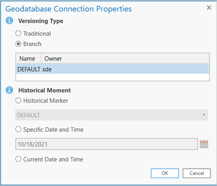 Geodatabase Connection Properties dialog box with Branch versioning type