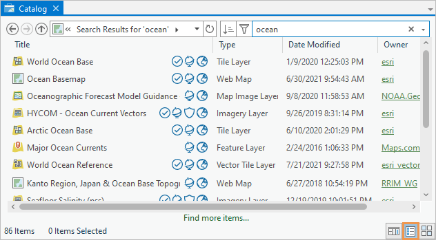 A catalog view of Living Atlas items displayed as columns