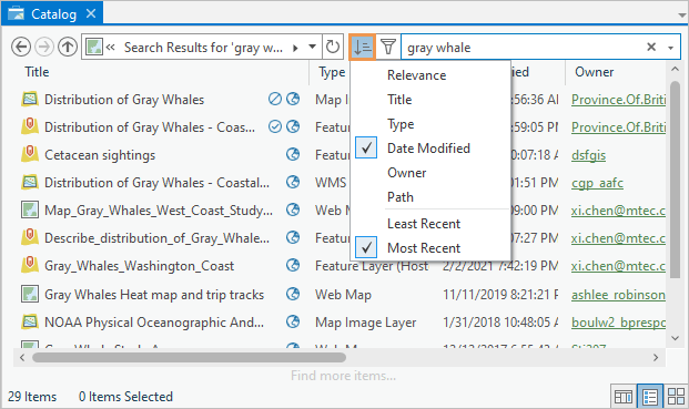 Catalog view showing drop-down options on the Sort button