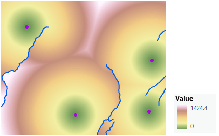 Map of straight-line distance being adjusted to move around streams which are barriers