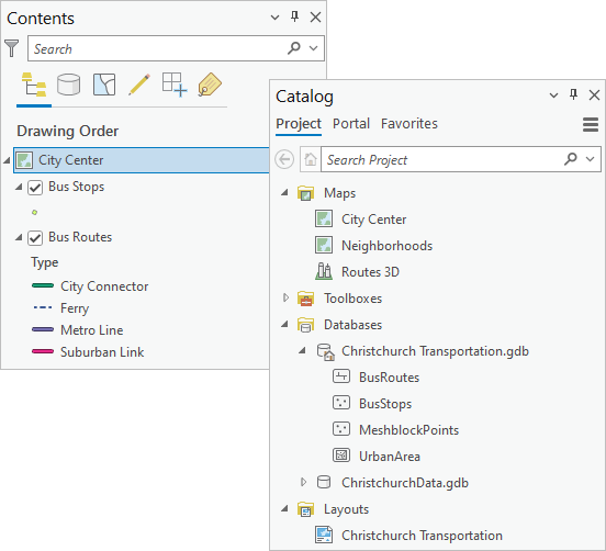 The Contents pane of a map and the Catalog pane