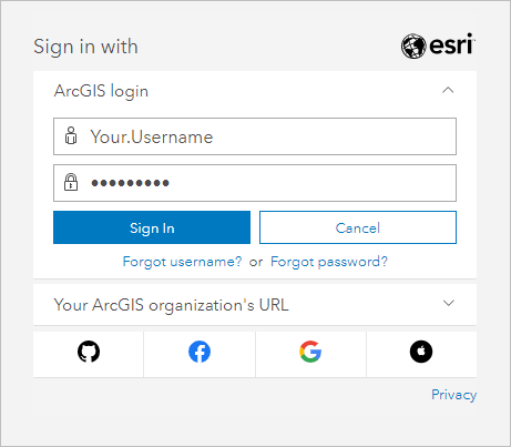 ArcGIS Sign In window