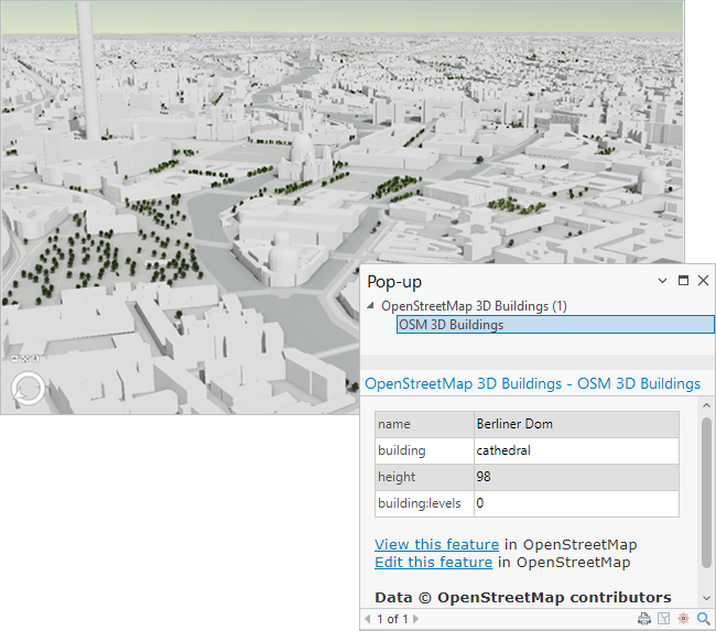 Scene with buildings and trees in Berlin and a pop-up for Berlin Cathedral