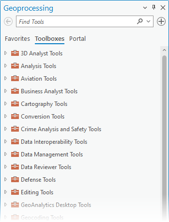 Geoprocessing pane with the Toolboxes tab selected