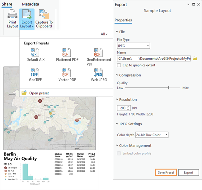 Export Presets gallery shown with the Export pane and a layout