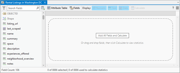 Data Engineering view with fields panel and empty statistics panel