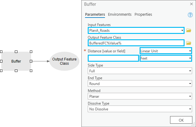 Buffer tool dialog box