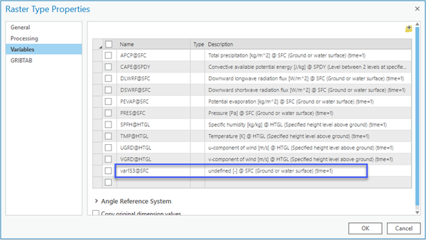 Raster Type properties for GRIB TAB data.