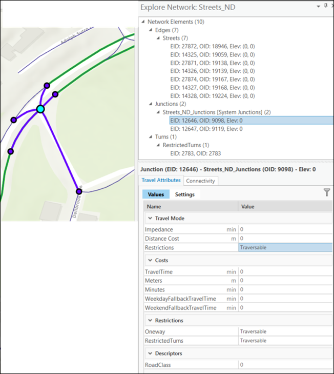 Explore Network window showing the attributes of the identified elements