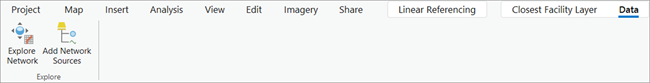 Explore Network Add Network Sources tools appear on the ribbon when a network analysis layer is added in the Contents pane