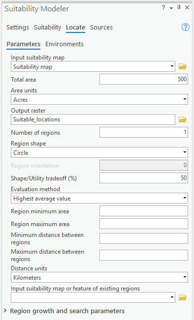 Locate of the Suitability Modeler pane