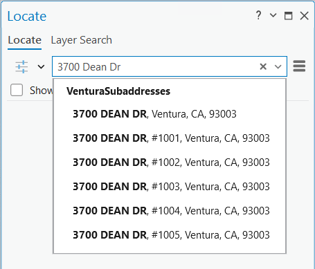 Autocomplete suggestion candidates display after typing the base address