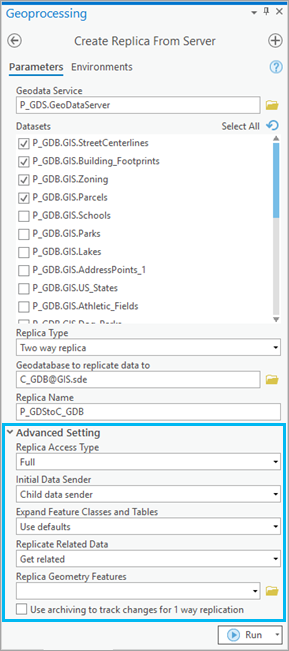 Advanced Setting fields on the Create Replica From Server geoprocessing tool dialog box