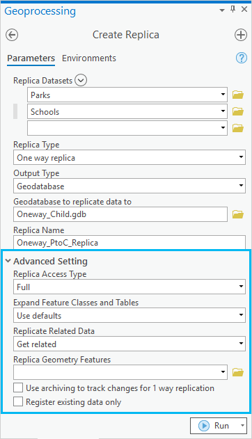 Advanced Setting in the Create Replica tool