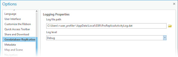 Geodatabase Replication tab accessed from the Options dialog box