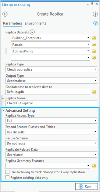 Advanced Setting in the Create Replica tool